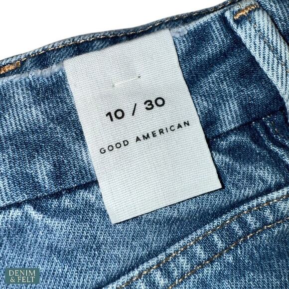 Good American Good ’90s Bermuda Denim Shorts Raw Hem Distressed Indigo Size 10 - Picture 9 of 12